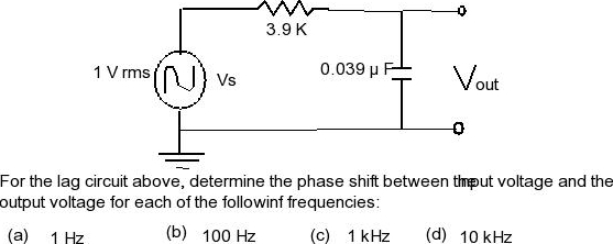 Solved For the lag circuit above, determine the phase shift | Chegg.com