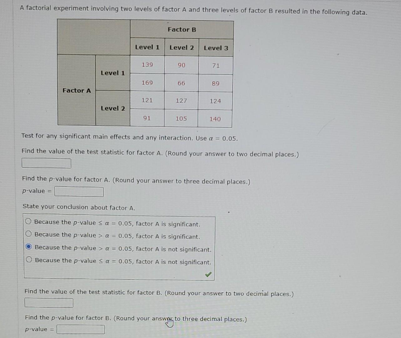 Solved A factorial experiment involving two levels of factor | Chegg.com