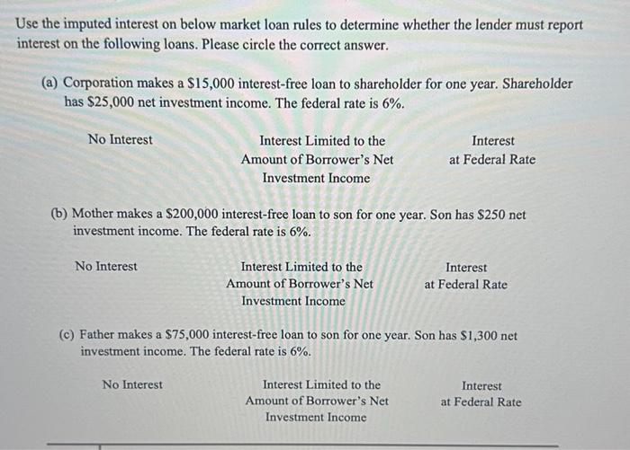Use the imputed interest on below market loan rules | Chegg.com