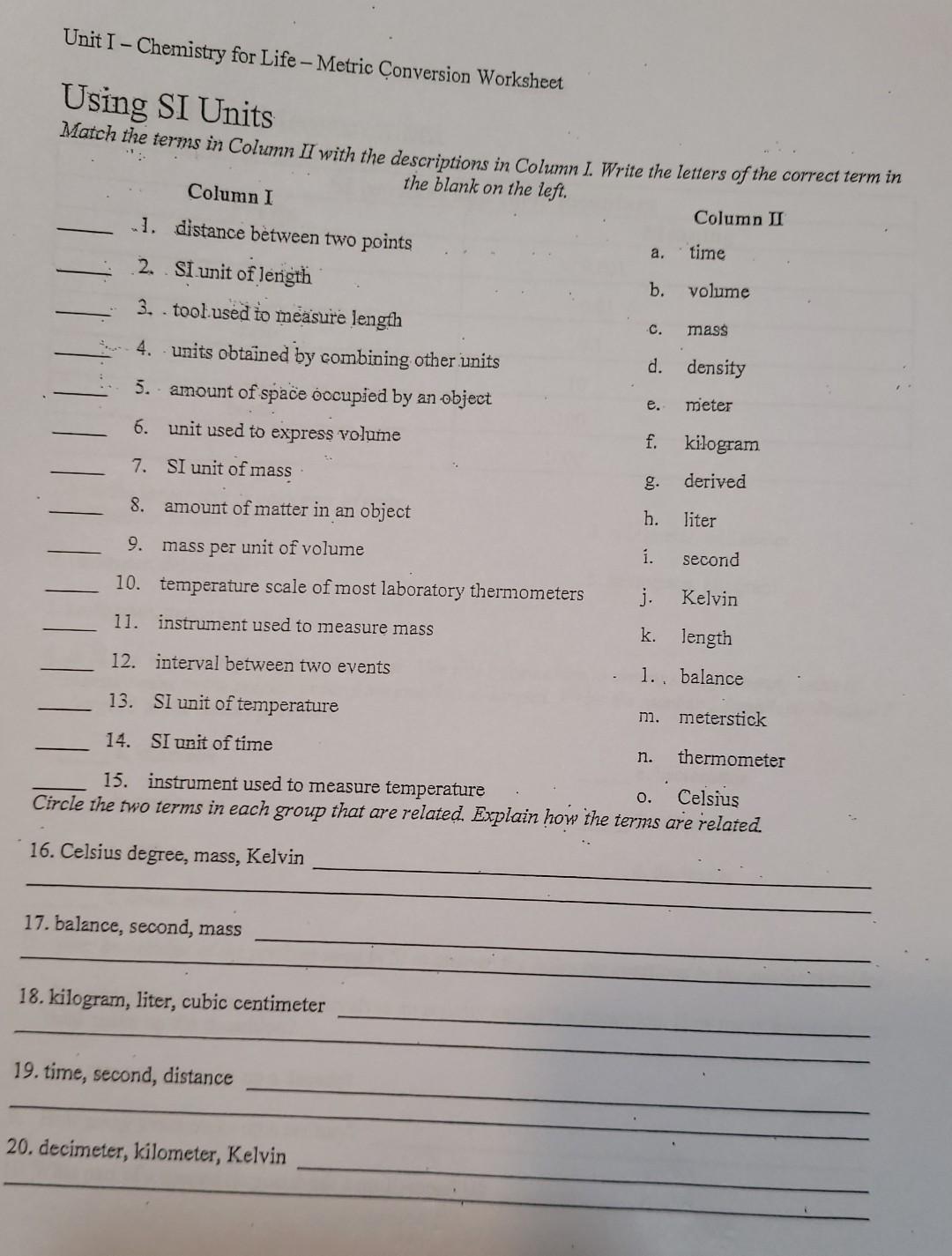 Solved Unit I - Chemistry for Life - Metric Conversion  Chegg.com Pertaining To The Chemistry Of Life Worksheet