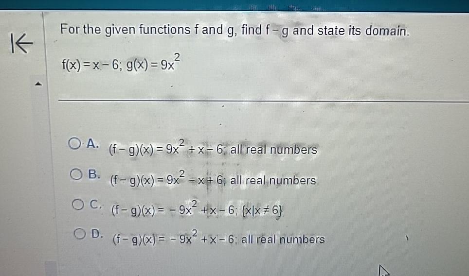 Solved For the given functions f ﻿and g, ﻿find f-g ﻿and | Chegg.com