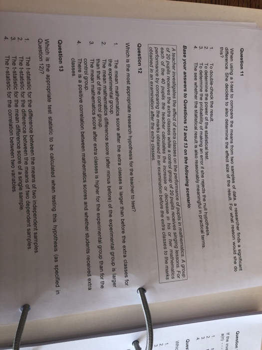 Solved Question 11 When using a t-test to compare the means | Chegg.com