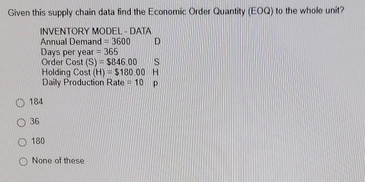 Solved Given this supply chain data find the Economic Order | Chegg.com
