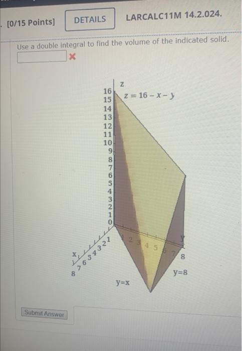 Solved Use A Double Integral To Find The Volume Of The Chegg Com