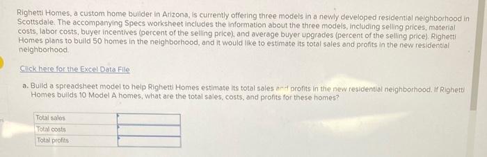 Solved Righetti Homes, a custom home bulider in Arizona, is | Chegg.com