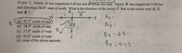 Solved 1 km w (5 pts) 2. Vector , has magnitude 6.00 km and | Chegg.com