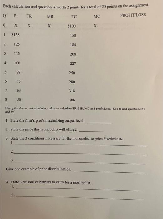 Solved Each calculation and question is worth 2 points for a | Chegg.com