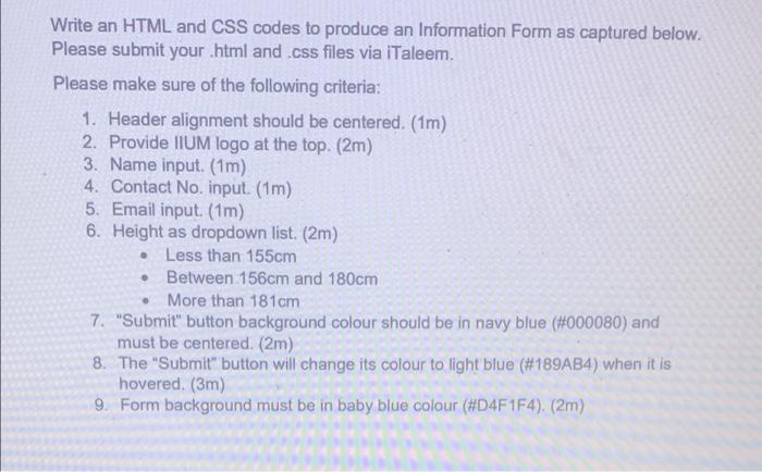 Solved Write an HTML and CSS codes to produce an Information | Chegg.com