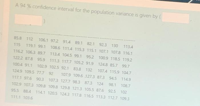 Solved A 94% confidence interval for the population variance | Chegg.com