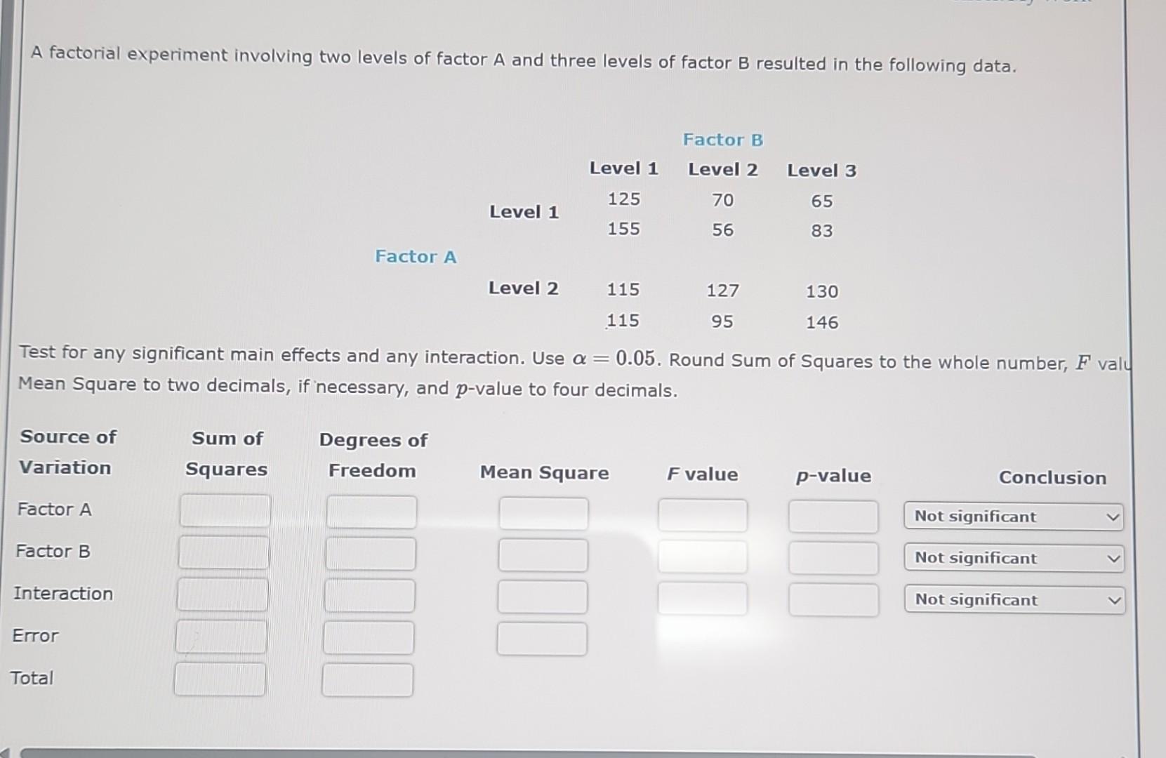 Solved A Factorial Experiment Involving Two Levels Of Factor | Chegg.com