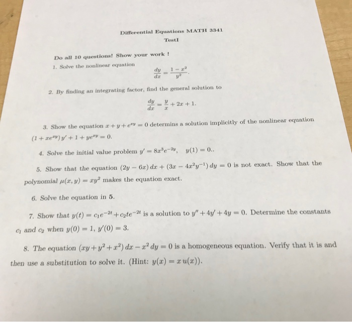 Solved Differential Equations MATH 3341 TestI Do all 10 | Chegg.com