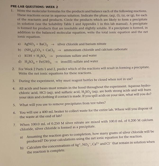 Solved PRE LAB QUESTIONS WEEK 2 1 Write The Molecular Chegg Com