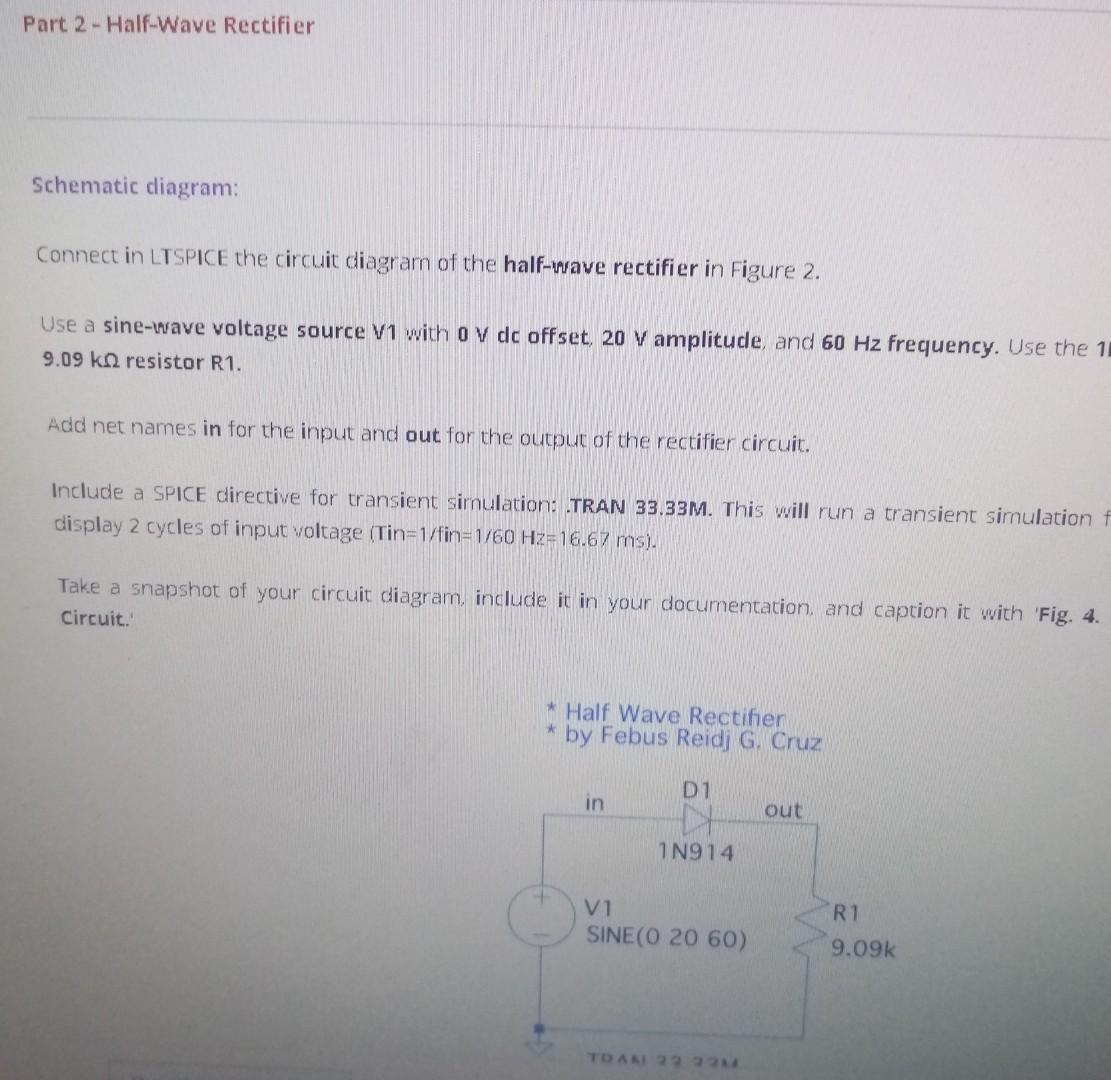 Solved Part 2-Half-Wave RectifierSchematic diagram:Connect | Chegg.com