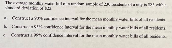 Solved The Average Monthly Water Bill Of A Random Sample Of Chegg Com   Image