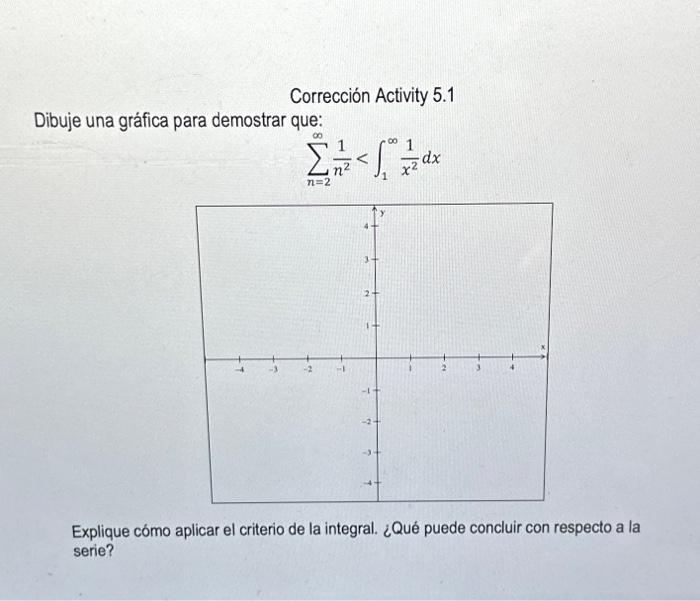 Dibuje una gráfica para demostrar que: \[ \sum_{n=2}^{\infty} \frac{1}{n^{2}}<\int_{1}^{\infty} \frac{1}{x^{2}} d x \] Expliq