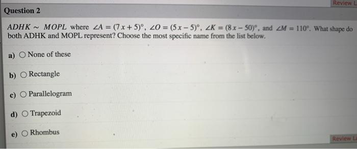 Solved Review L Question 2 Adhk Mopl Where Za 7x 5 º Chegg Com