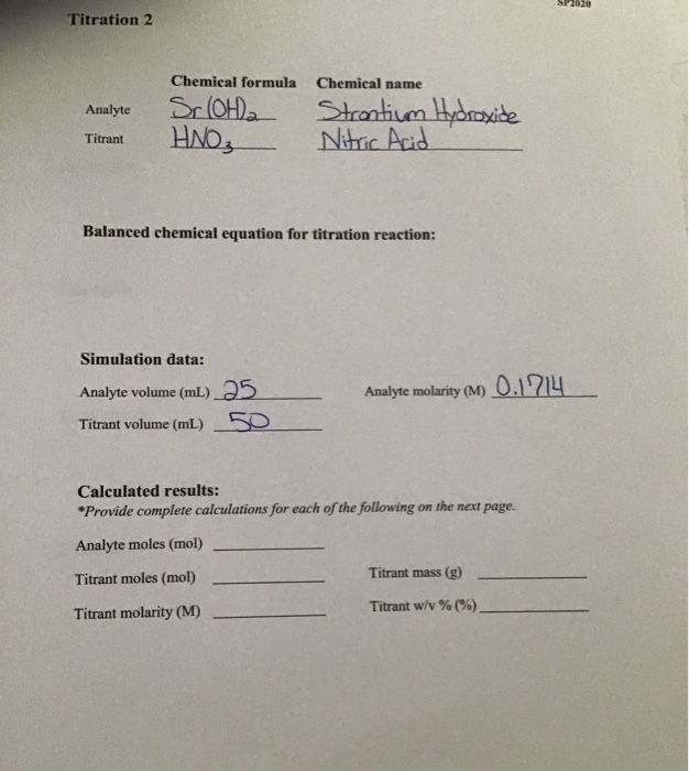 Solved SP2020 Titration 2 Analyte Titrant Chemical formula