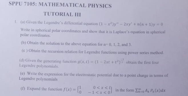 Sppu 7105 Mathematical Physics Tutorial Iii 1 A Chegg Com