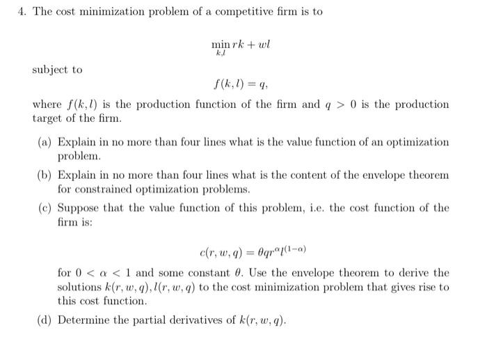 4. The cost minimization problem of a competitive | Chegg.com