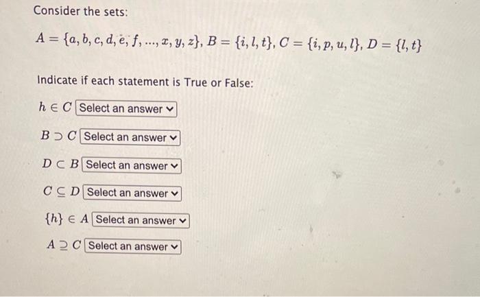 Solved Consider The Sets: A = {a, B, C, D, E, F, ..., X, Y, | Chegg.com