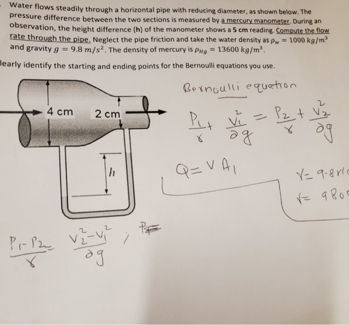 Solved Water flows steadily through a horizontal pipe with | Chegg.com