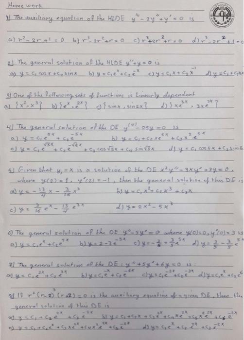 Solved Home Work La 1 The Axiliary Equation Of The Hide Y Chegg Com