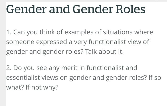 Solved Gender And Gender Roles 1. Can You Think Of Examples | Chegg.com