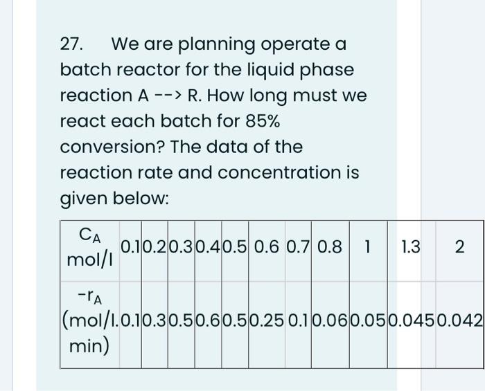 Solved 27. We are planning operate a batch reactor for the | Chegg.com