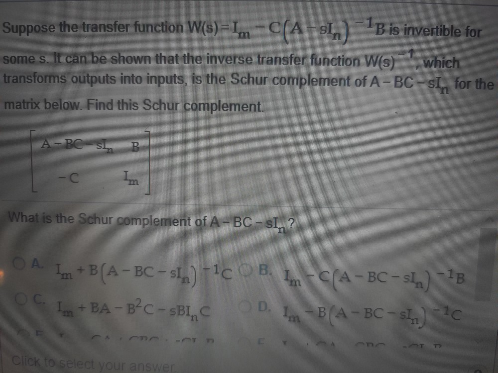 Sign In Inverse Transfer Function Solved Suppose the transfer function W(s)=Ln-C(A-sl) 1B is | Chegg.com