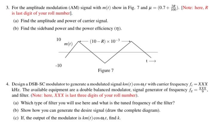 Solved 3. For the amplitude modulation (AM) signal with m(t) | Chegg.com