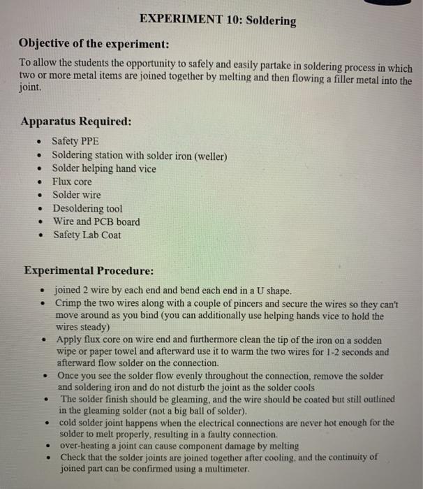 Solved EXPERIMENT 10 Soldering Objective of the experiment