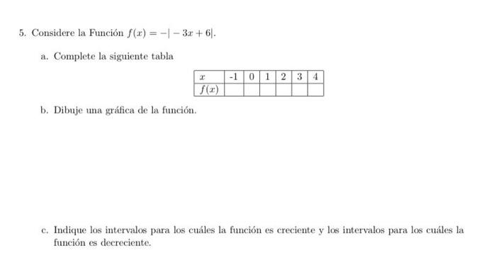 5. Considere la Función f(x) = -1 - 3x + 6. -1 0 1 2 3 4 a. Complete la siguiente tabla r F() b. Dibuje una gráfica de la fun