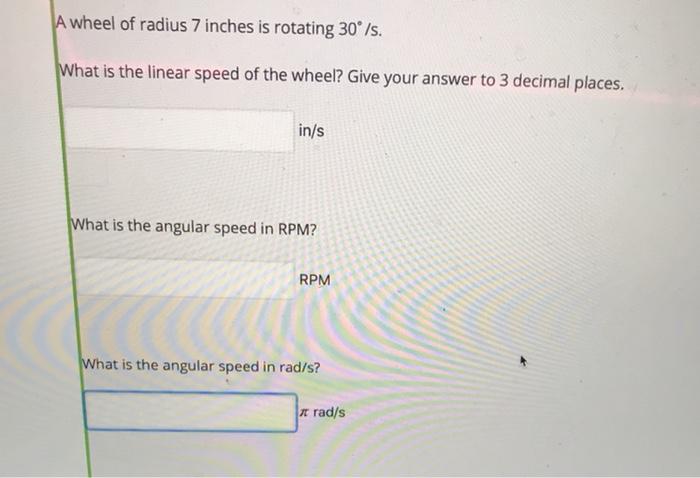 Solved A wheel of radius 7 inches is rotating 30°/s. What is | Chegg.com