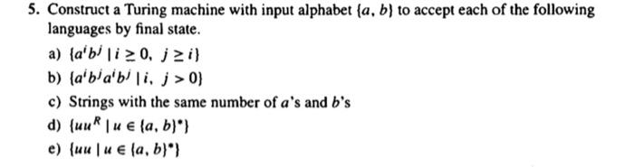 Solved 5. Construct a Turing machine with input alphabet (a, | Chegg.com