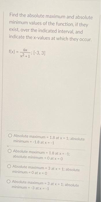 Solved Find the absolute maximum and absolute minimum values | Chegg.com