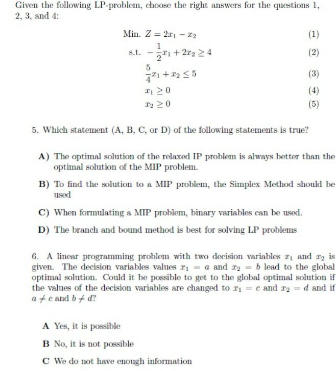 Solved Given The Following LP-problem, Choose The Right | Chegg.com