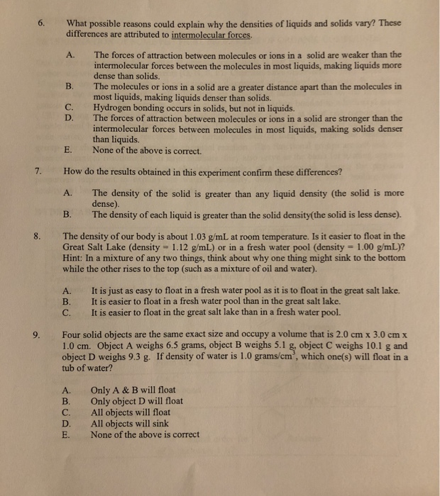 Solved What Possible Reasons Could Explain Why The Densities 