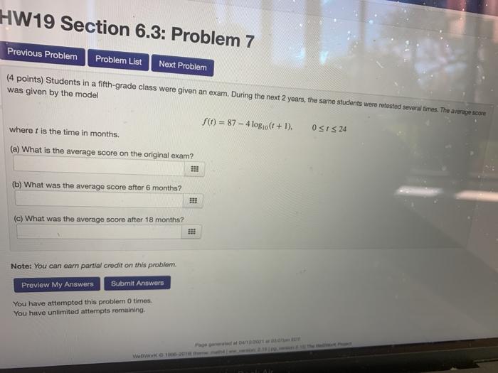 Solved HW19 Section 6.3: Problem 7 Previous Problem Problem | Chegg.com