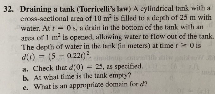 Solved 32. Draining a tank (Torricelli's law) A cylindrical | Chegg.com