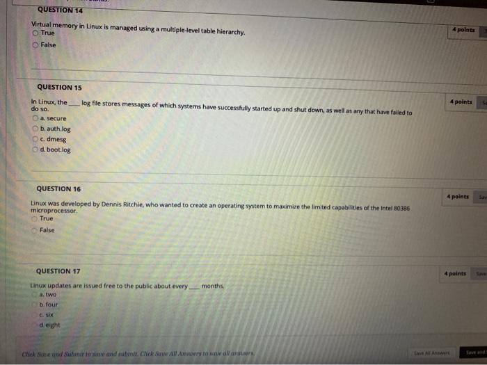 Solved QUESTION 14 4 points Virtual memory in Linux is | Chegg.com