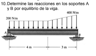 10. Determine las reacciones en los soportes \( A \) y B por equilibrio de la viga.