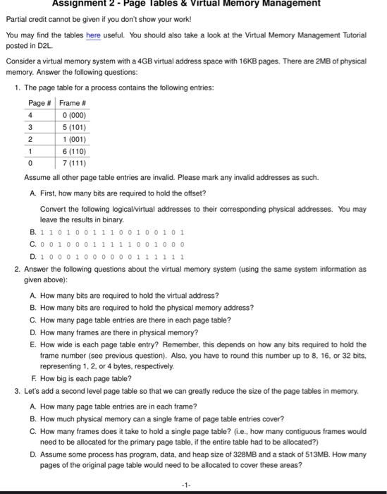 Solved 4 3 2 1 0 Assignment 2 - Page lables & Virtual Memory | Chegg.com