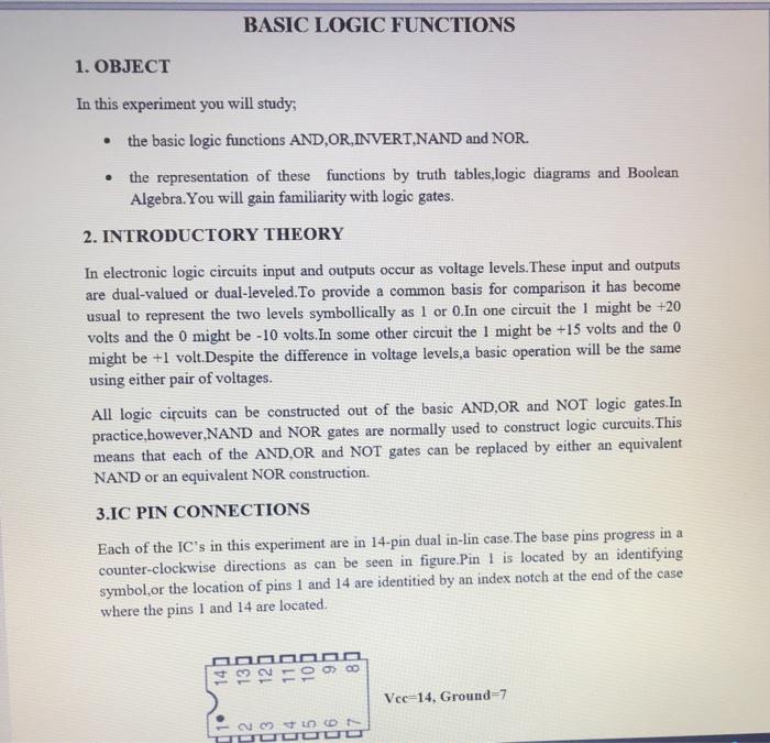 Solved BASIC LOGIC FUNCTIONS 1. OBJECT In this experiment | Chegg.com