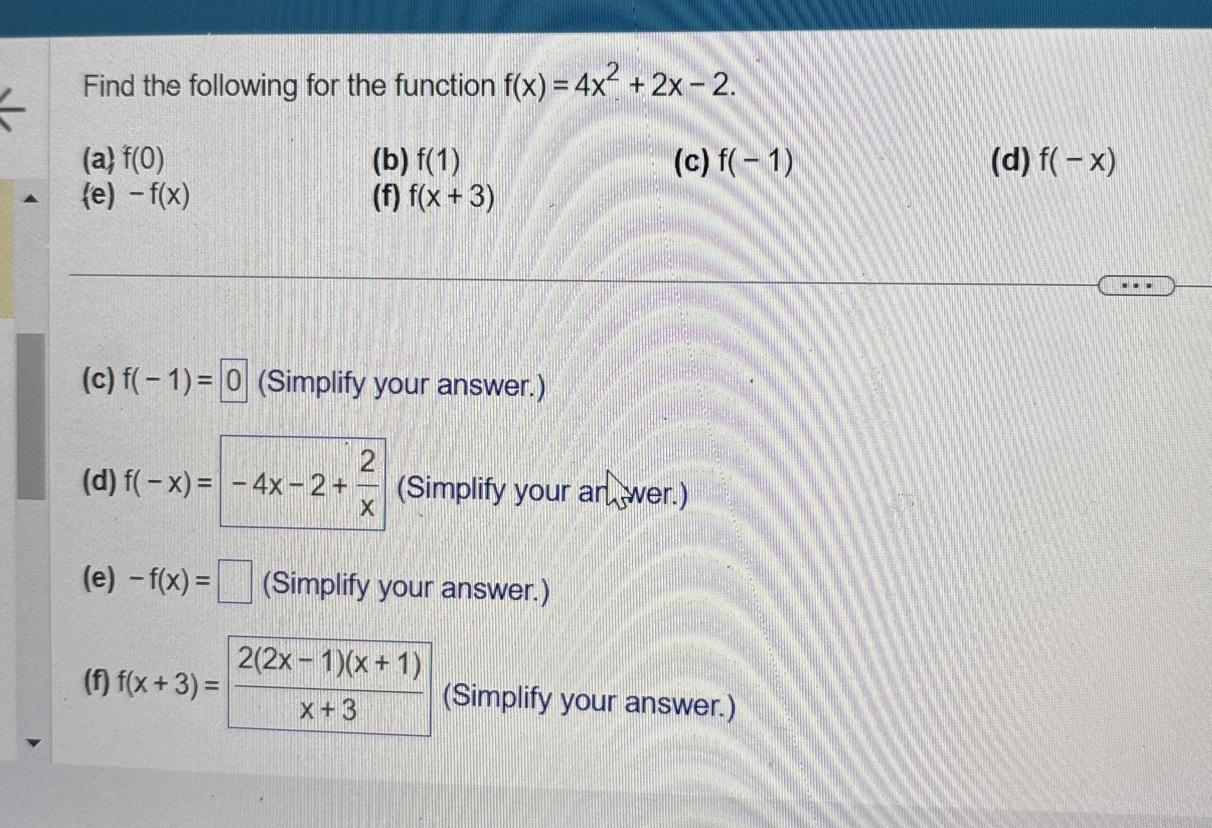 Solved 1. -f(x)=4x2+2x-2Find the following for the function | Chegg.com