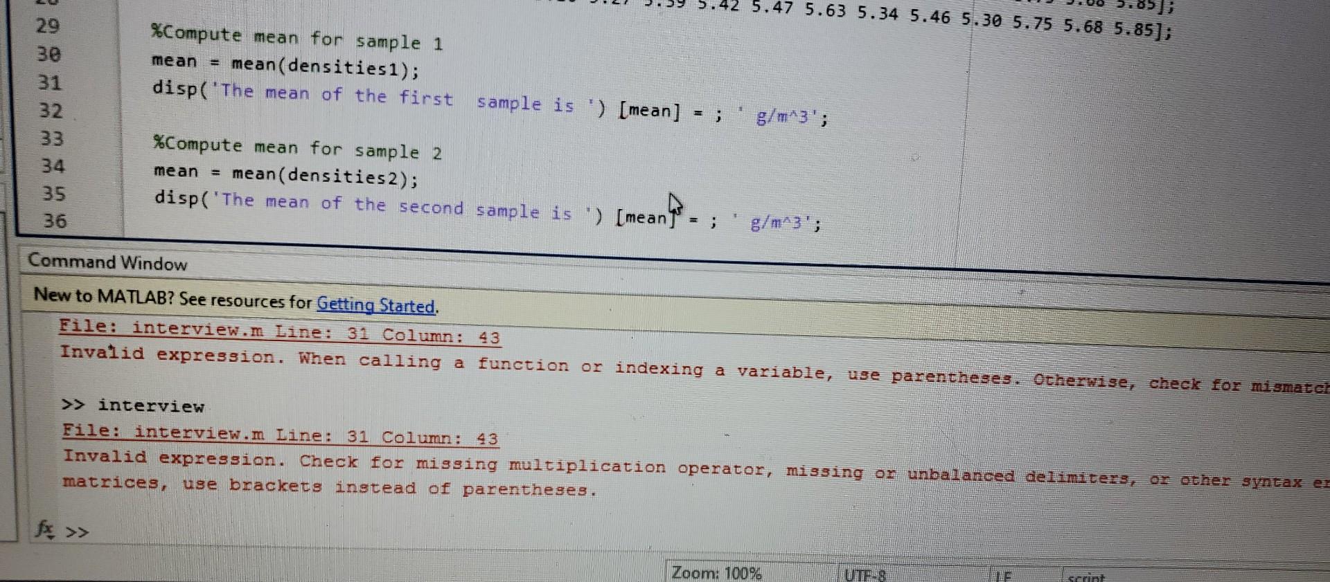 Solved \%Compute mean for sample 1 mean = mean(densities1); | Chegg.com