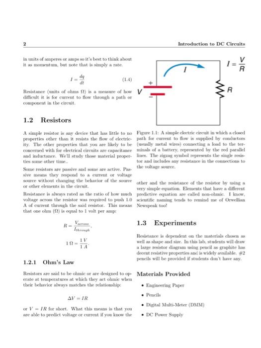 Chapter 1 Introduction to DC Circuits 2 Pre-Lab AU AV | Chegg.com