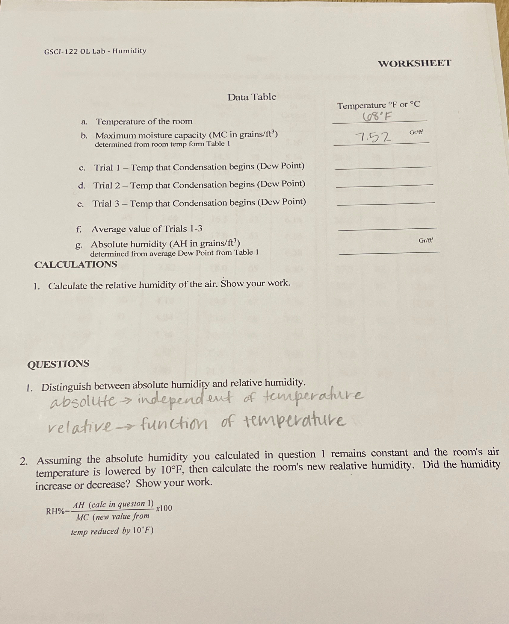 Solved GSCI-122 ﻿OL Lab - ﻿HumidityWORKSHEETData Tablea. | Chegg.com