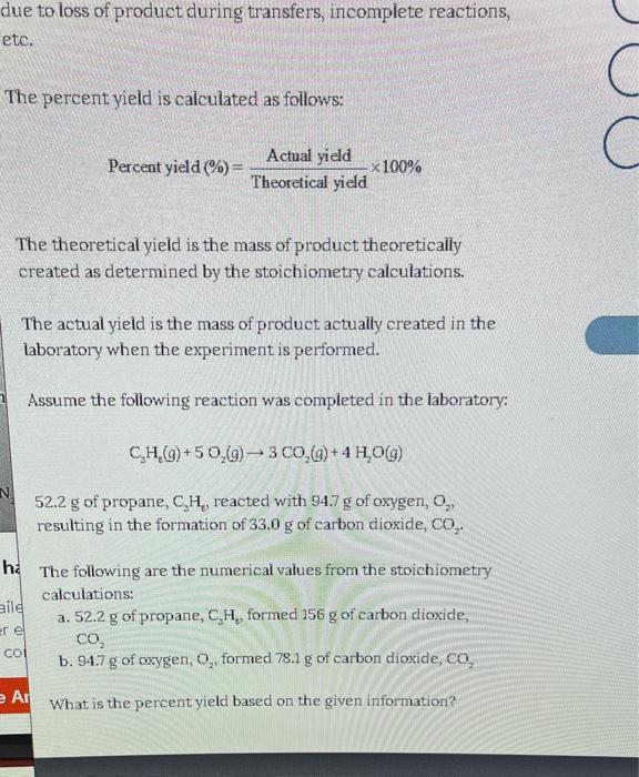 Solved The Percent Yield Is Calculated As Follows: Percent | Chegg.com