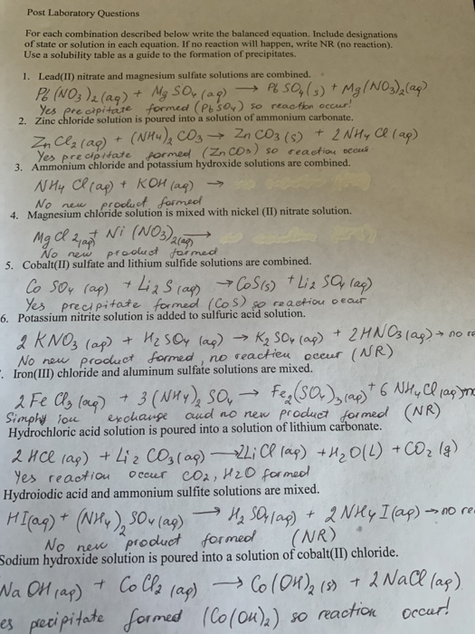 Solved Post Laboratory Questions For each combination | Chegg.com