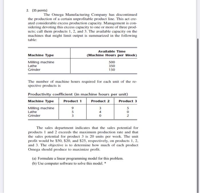 Solved 2. 35 points The Omega Manufacturing Company has Chegg